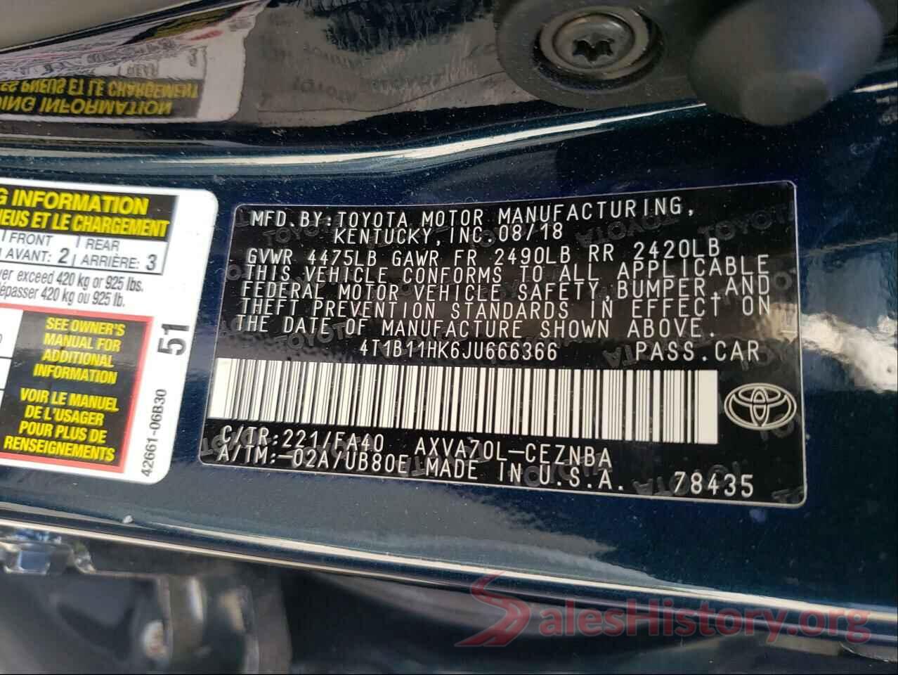 4T1B11HK6JU666366 2018 TOYOTA CAMRY