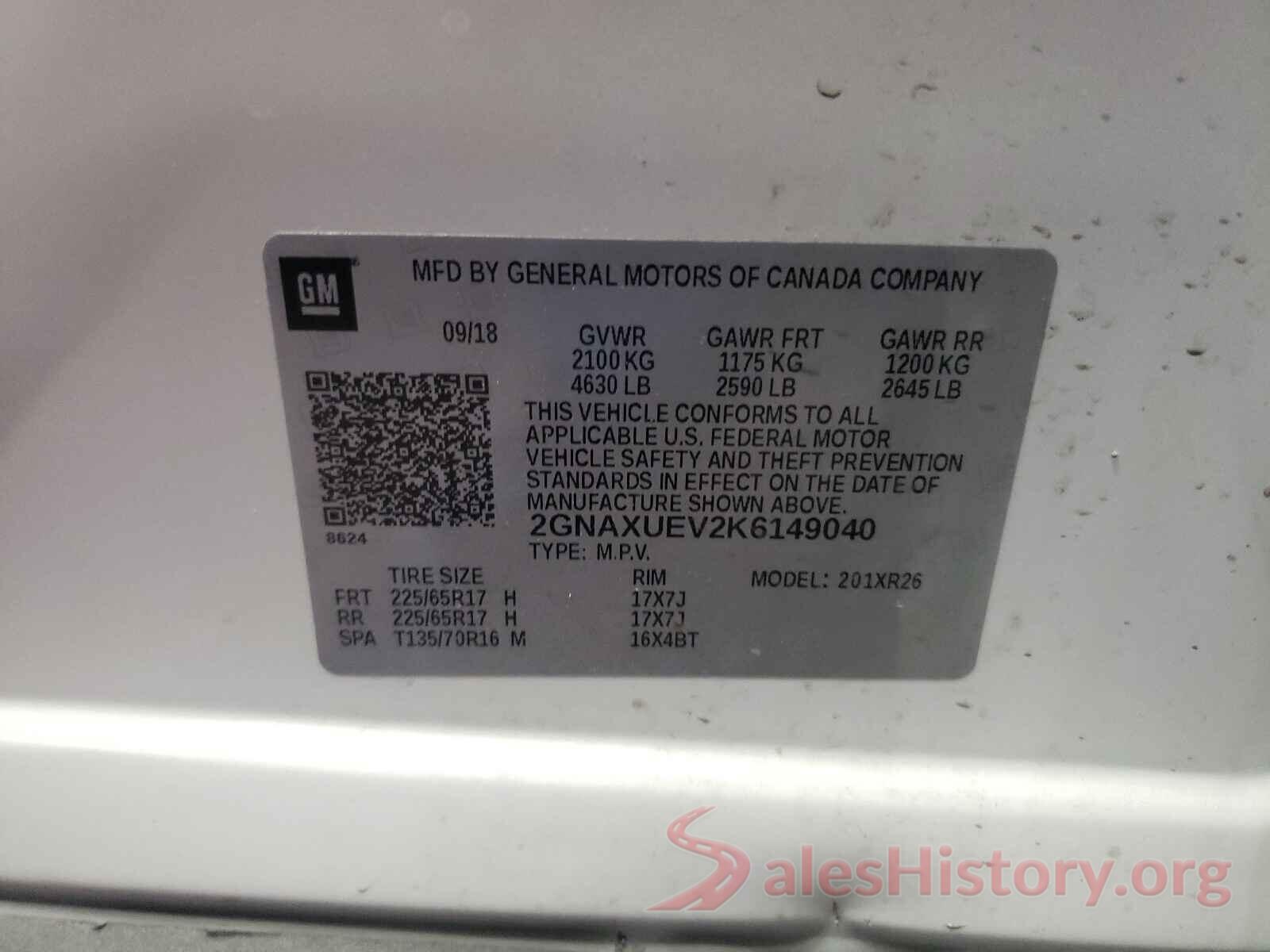 2GNAXUEV2K6149040 2019 CHEVROLET EQUINOX