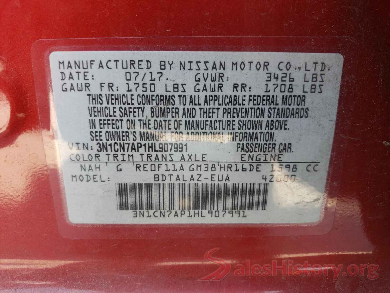 3N1CN7AP1HL907991 2017 NISSAN VERSA