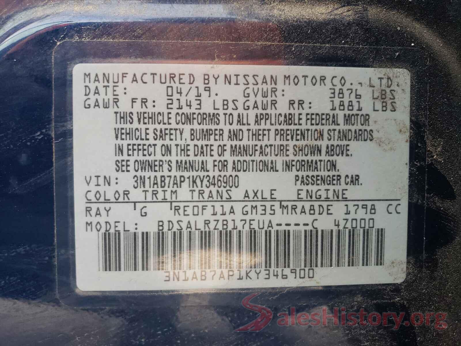 3N1AB7AP1KY346900 2019 NISSAN SENTRA