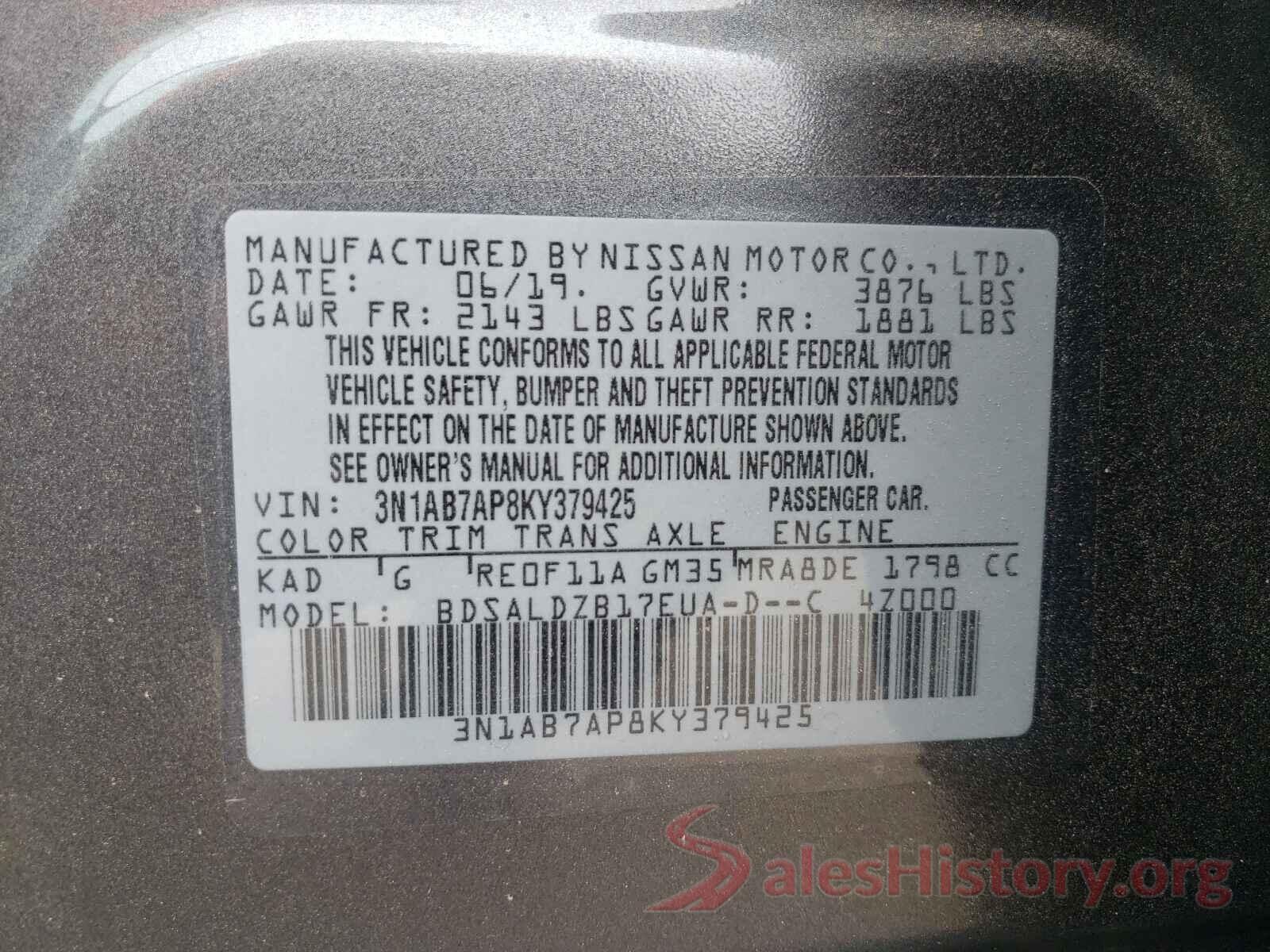 3N1AB7AP8KY379425 2019 NISSAN SENTRA