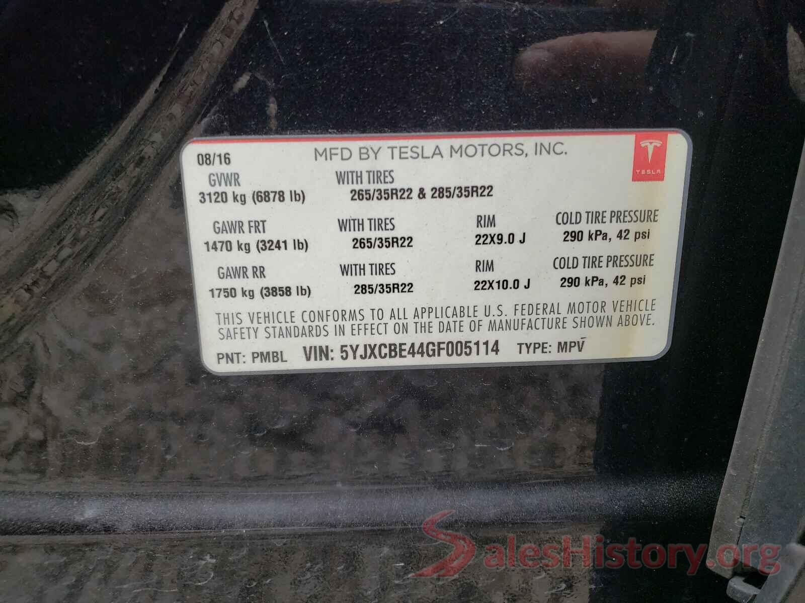 5YJXCBE44GF005114 2016 TESLA MODEL X