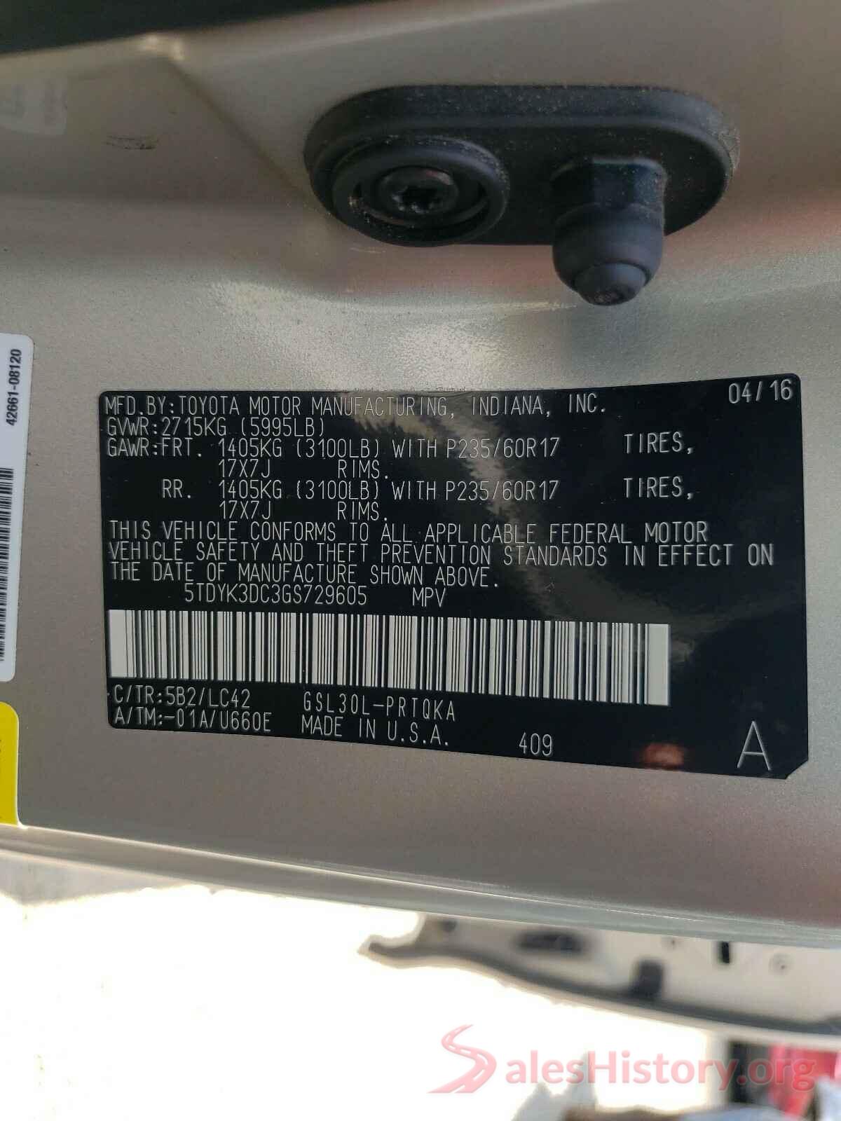 5TDYK3DC3GS729605 2016 TOYOTA SIENNA