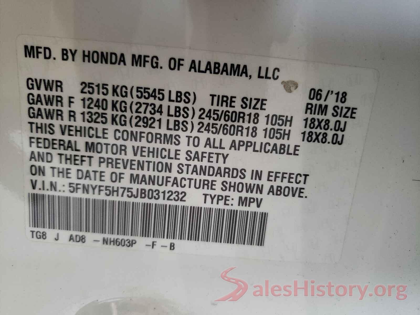 5FNYF5H75JB031232 2018 HONDA PILOT