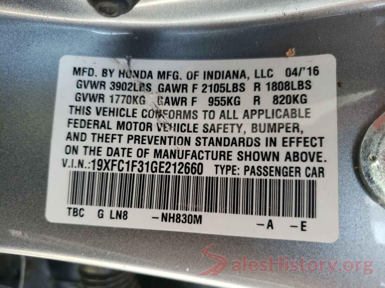 19XFC1F31GE212660 2016 HONDA CIVIC