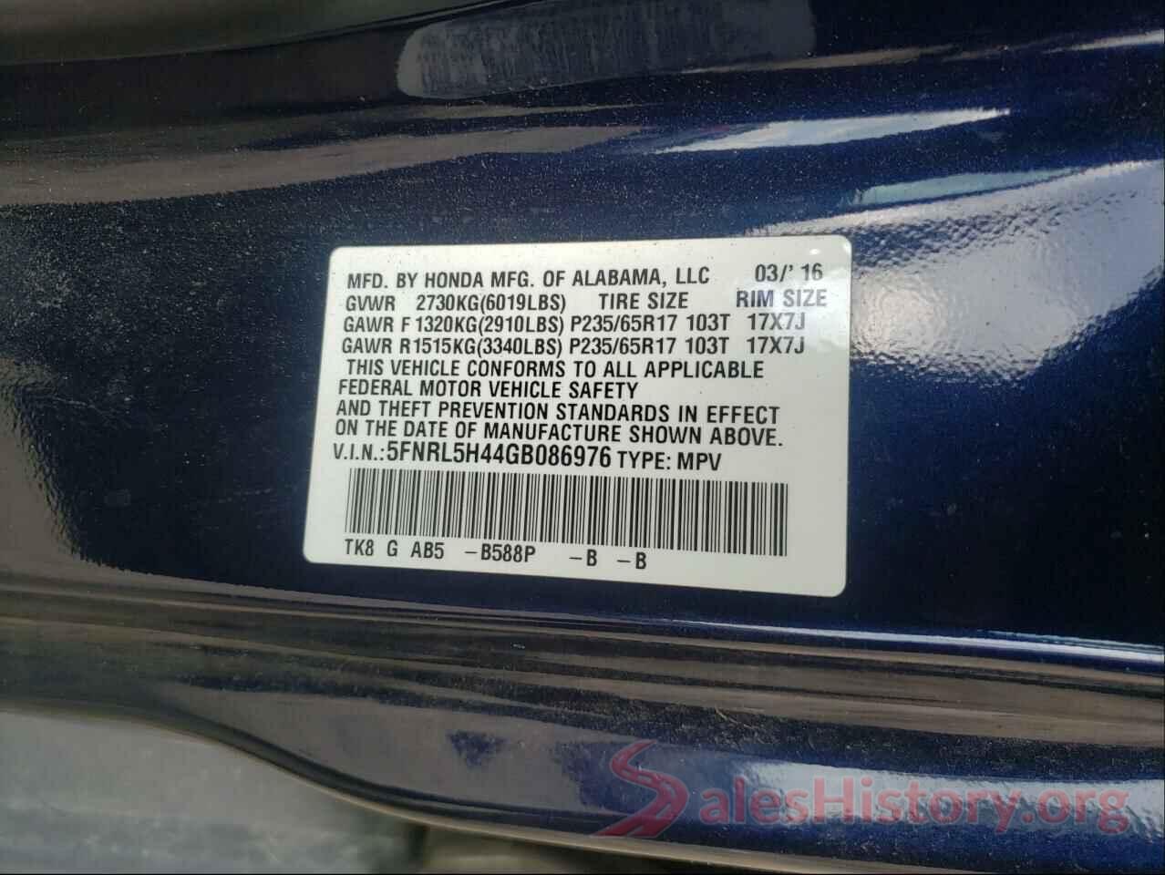 5FNRL5H44GB086976 2016 HONDA ODYSSEY