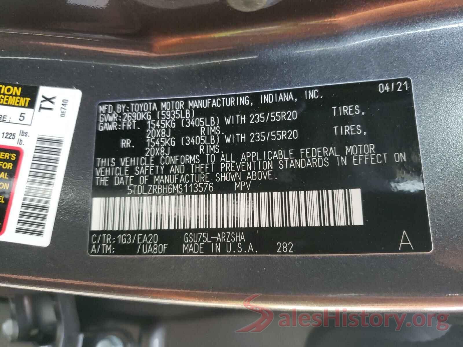 5TDLZRBH6MS113576 2021 TOYOTA HIGHLANDER