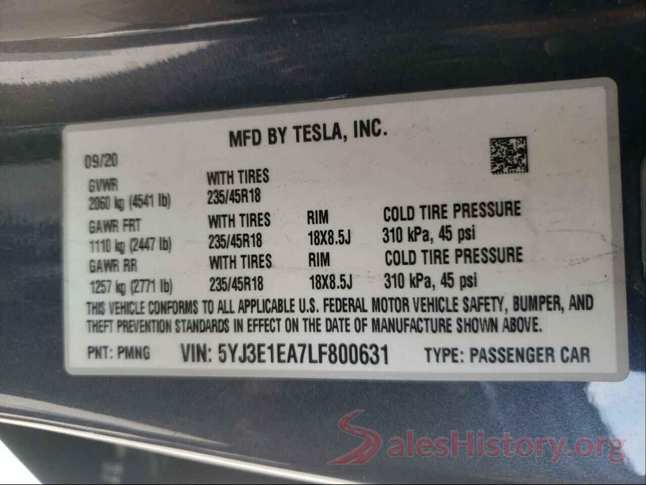 5YJ3E1EA7LF800631 2020 TESLA MODEL 3