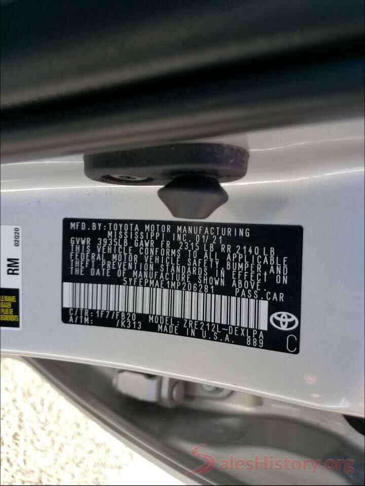 5YFEPMAE1MP206281 2021 TOYOTA COROLLA