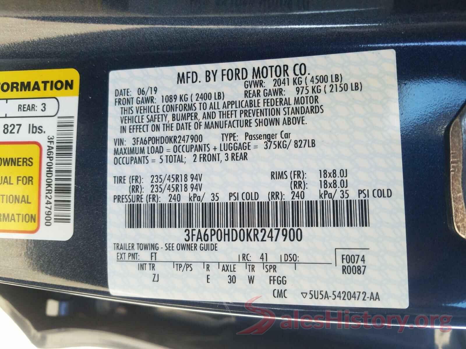 3FA6P0HD0KR247900 2019 FORD FUSION