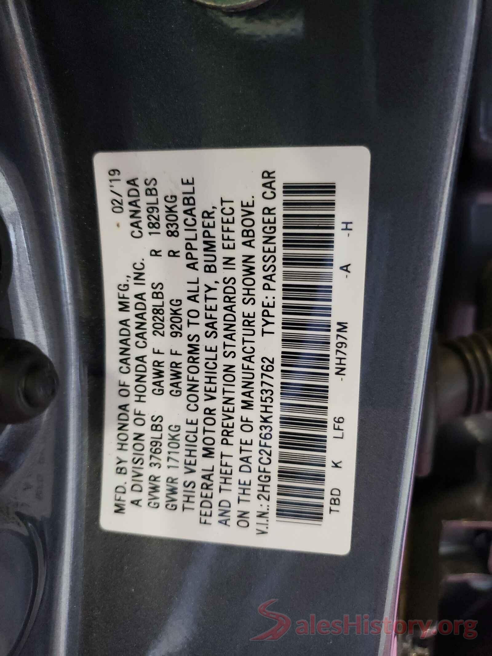 2HGFC2F63KH537762 2019 HONDA CIVIC