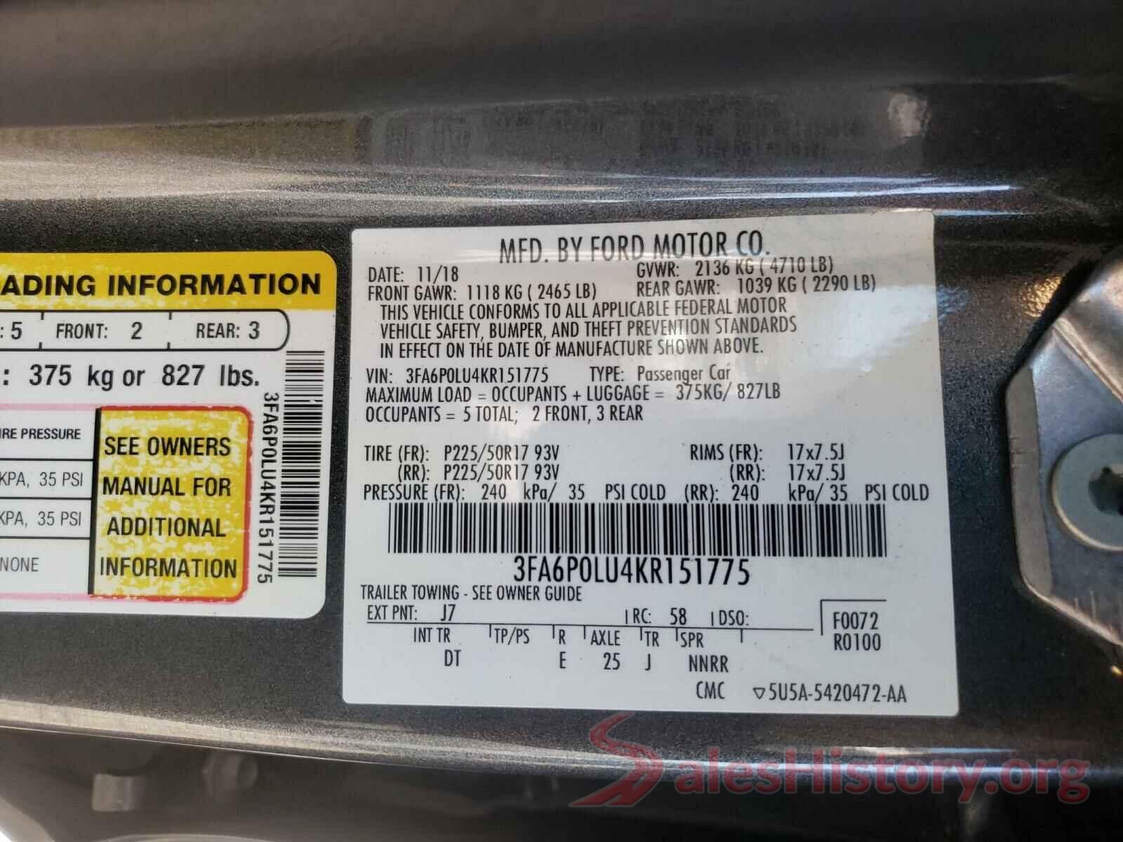 3FA6P0LU4KR151775 2019 FORD FUSION