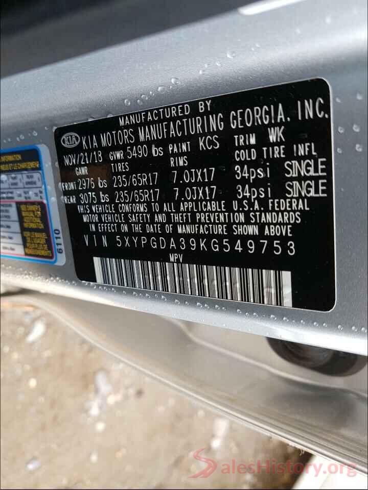 5XYPGDA39KG549753 2019 KIA SORENTO