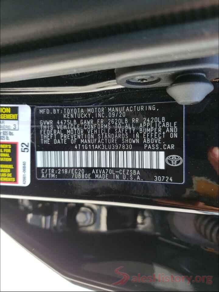 4T1G11AK3LU397830 2020 TOYOTA CAMRY