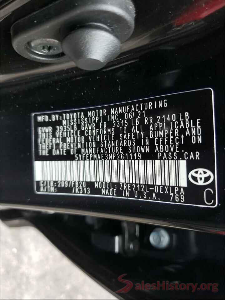 5YFEPMAE3MP261119 2021 TOYOTA COROLLA