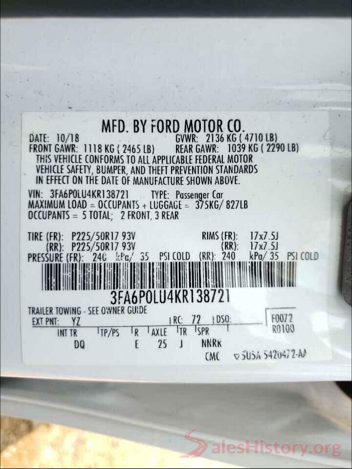 3FA6P0LU4KR138721 2019 FORD FUSION