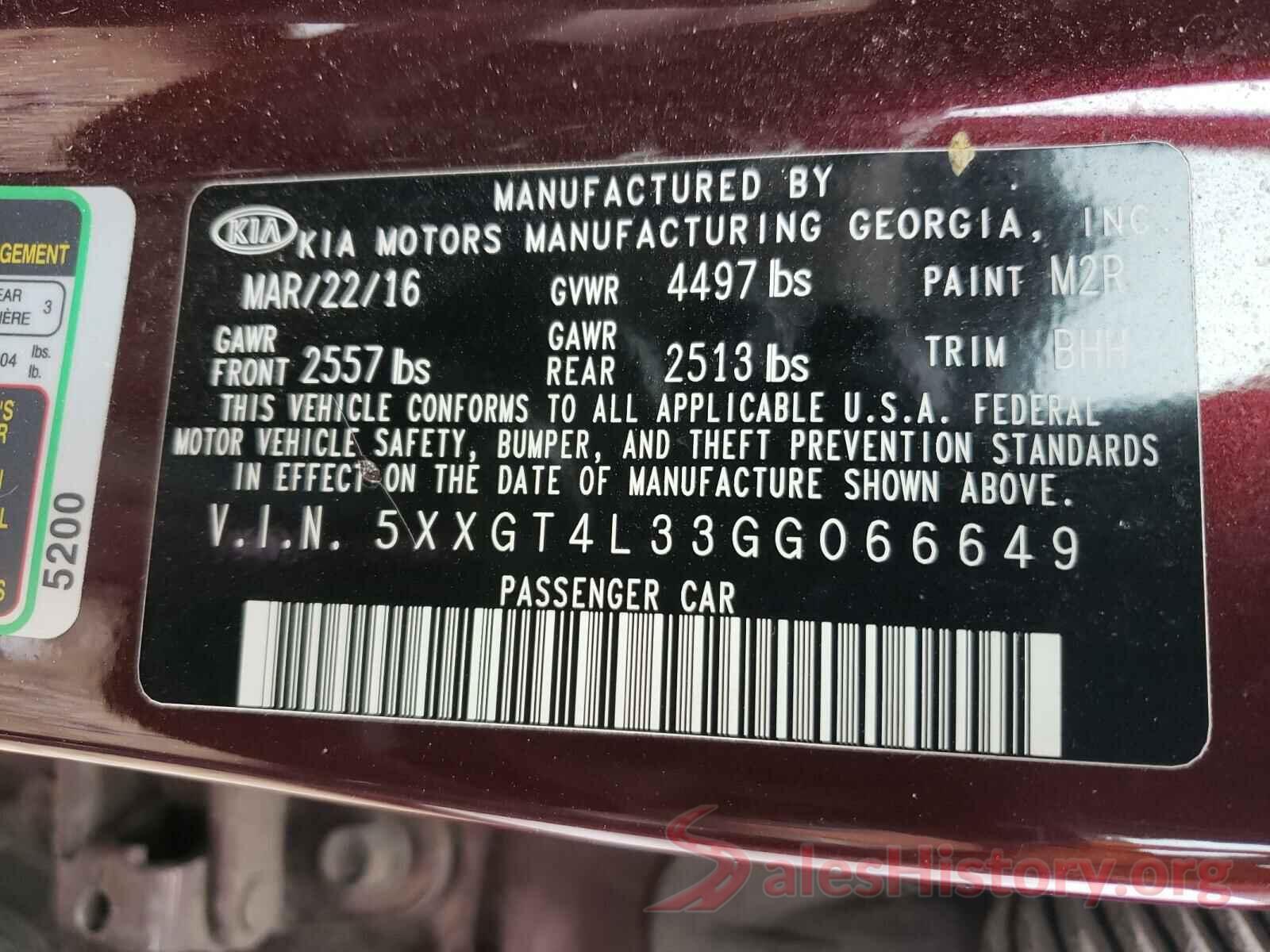 5XXGT4L33GG066649 2016 KIA OPTIMA