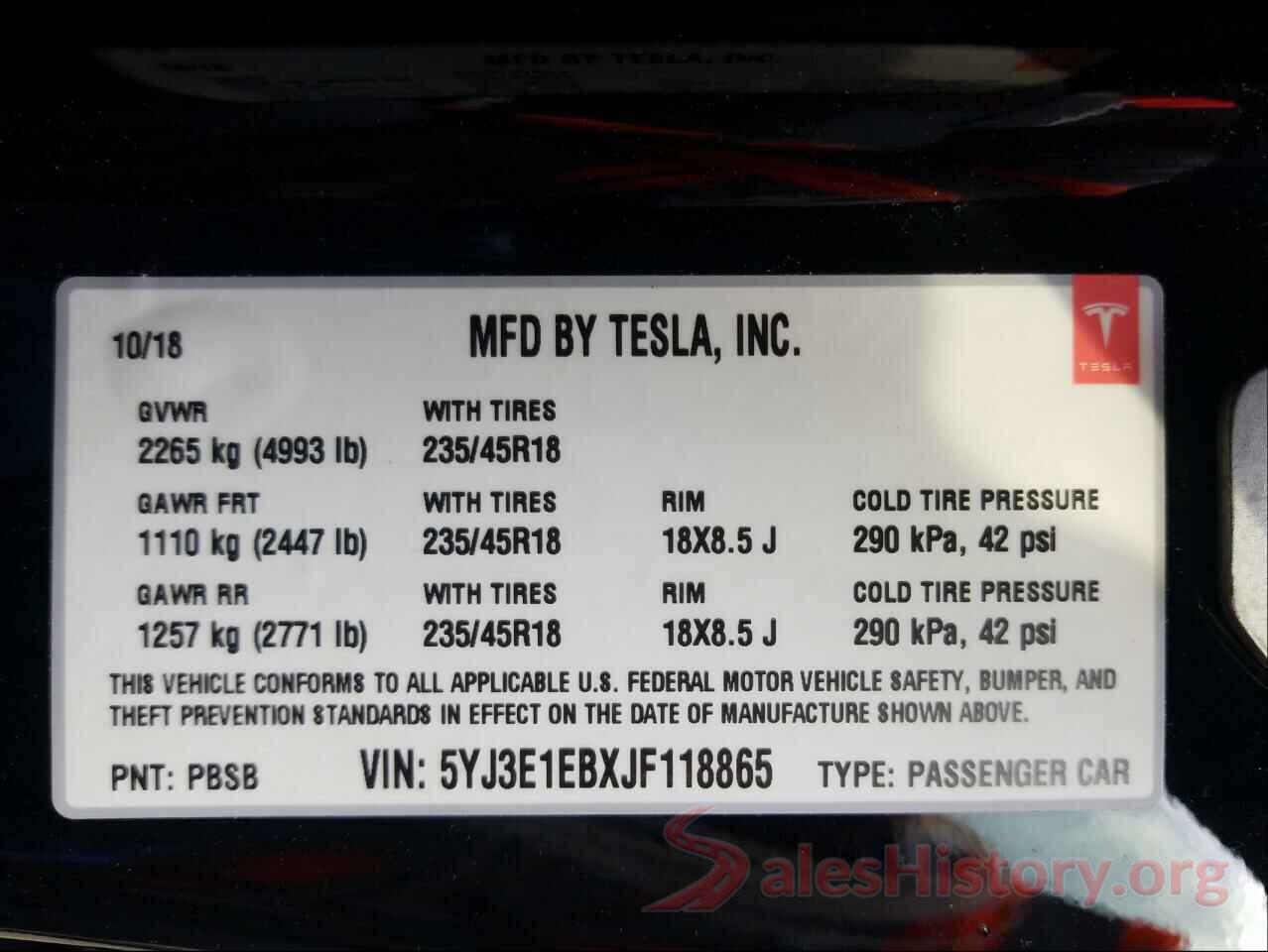 5YJ3E1EBXJF118865 2018 TESLA MODEL 3