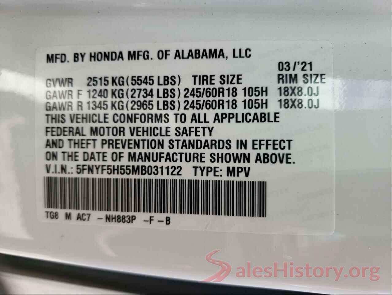 5FNYF5H55MB031122 2021 HONDA PILOT