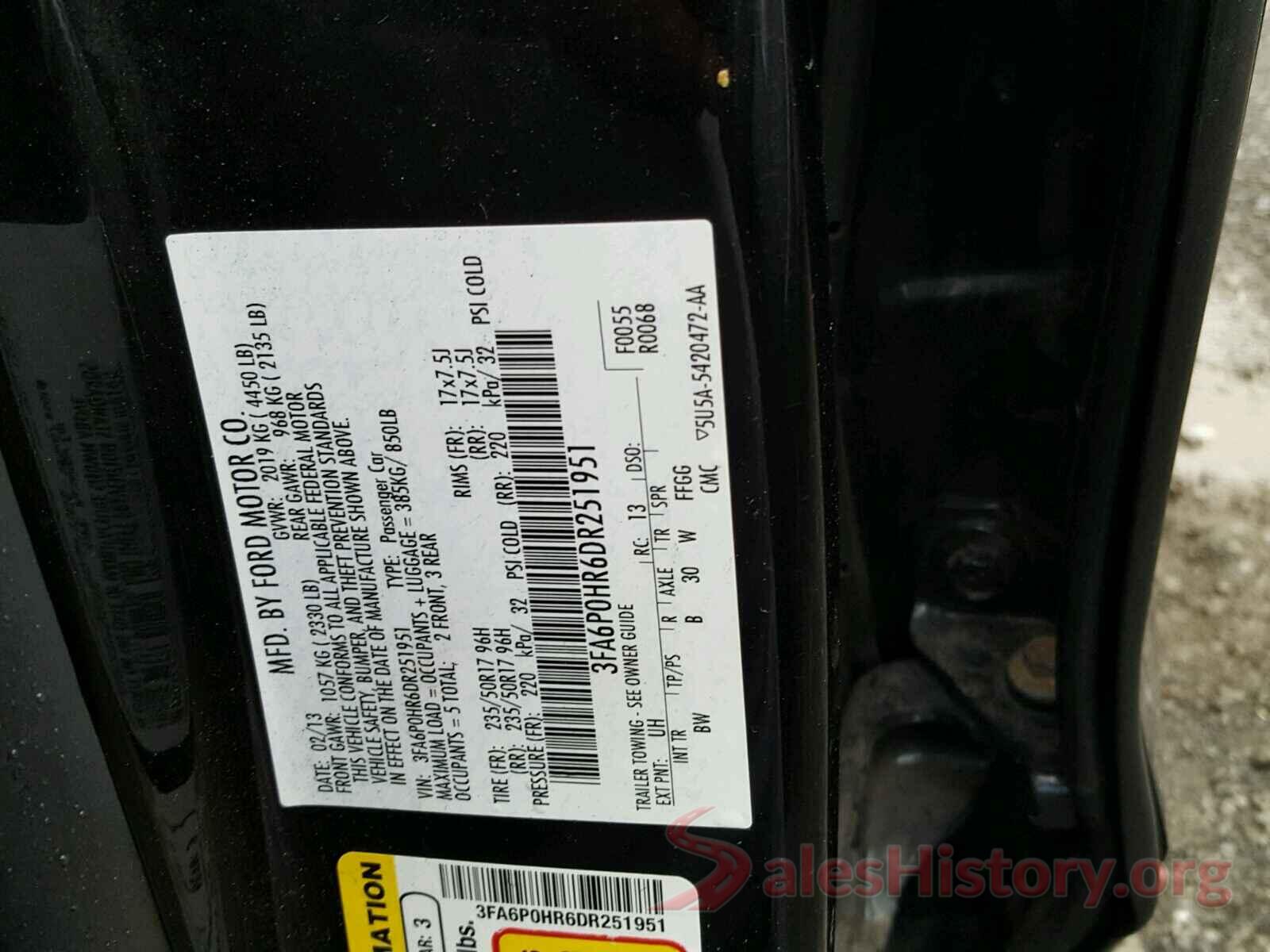 3FA6P0HR6DR251951 2013 FORD FUSION