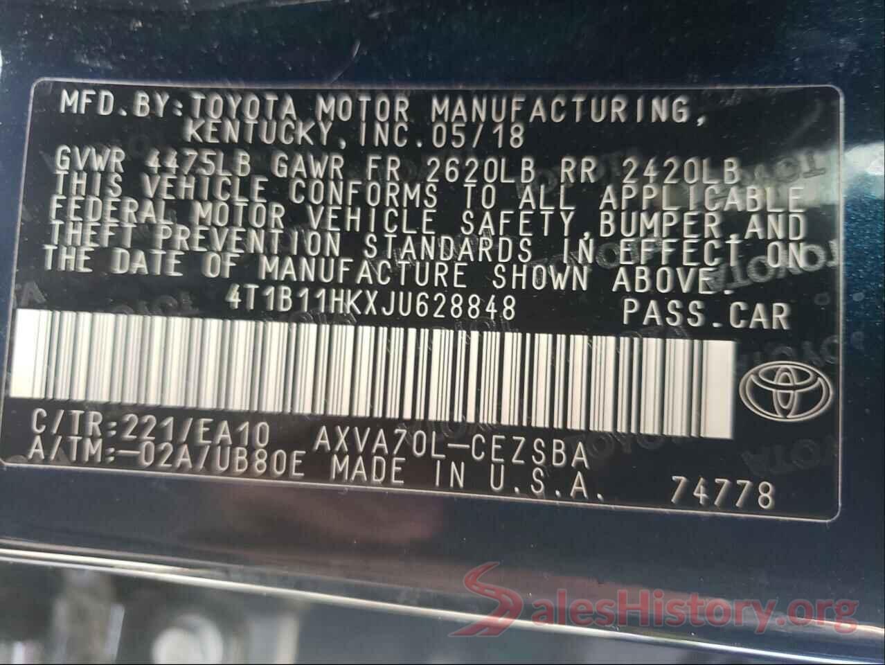 4T1B11HKXJU628848 2018 TOYOTA CAMRY