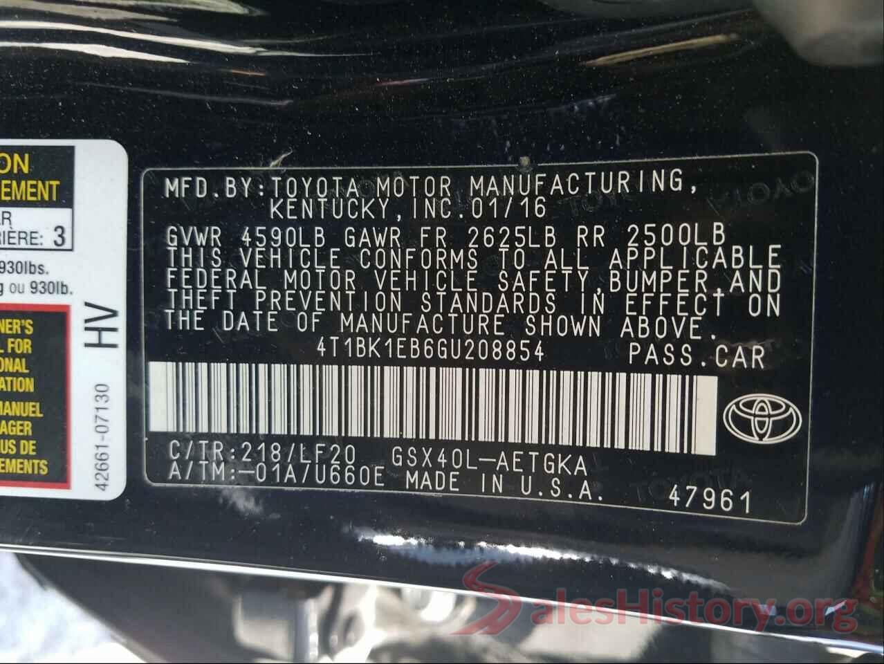 4T1BK1EB6GU208854 2016 TOYOTA AVALON