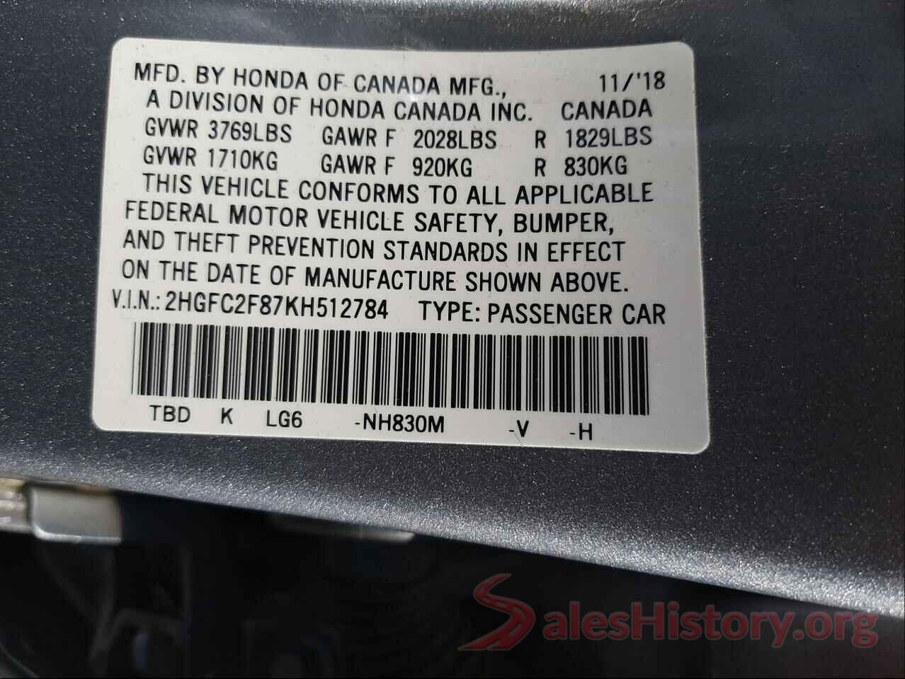 2HGFC2F87KH512784 2019 HONDA CIVIC