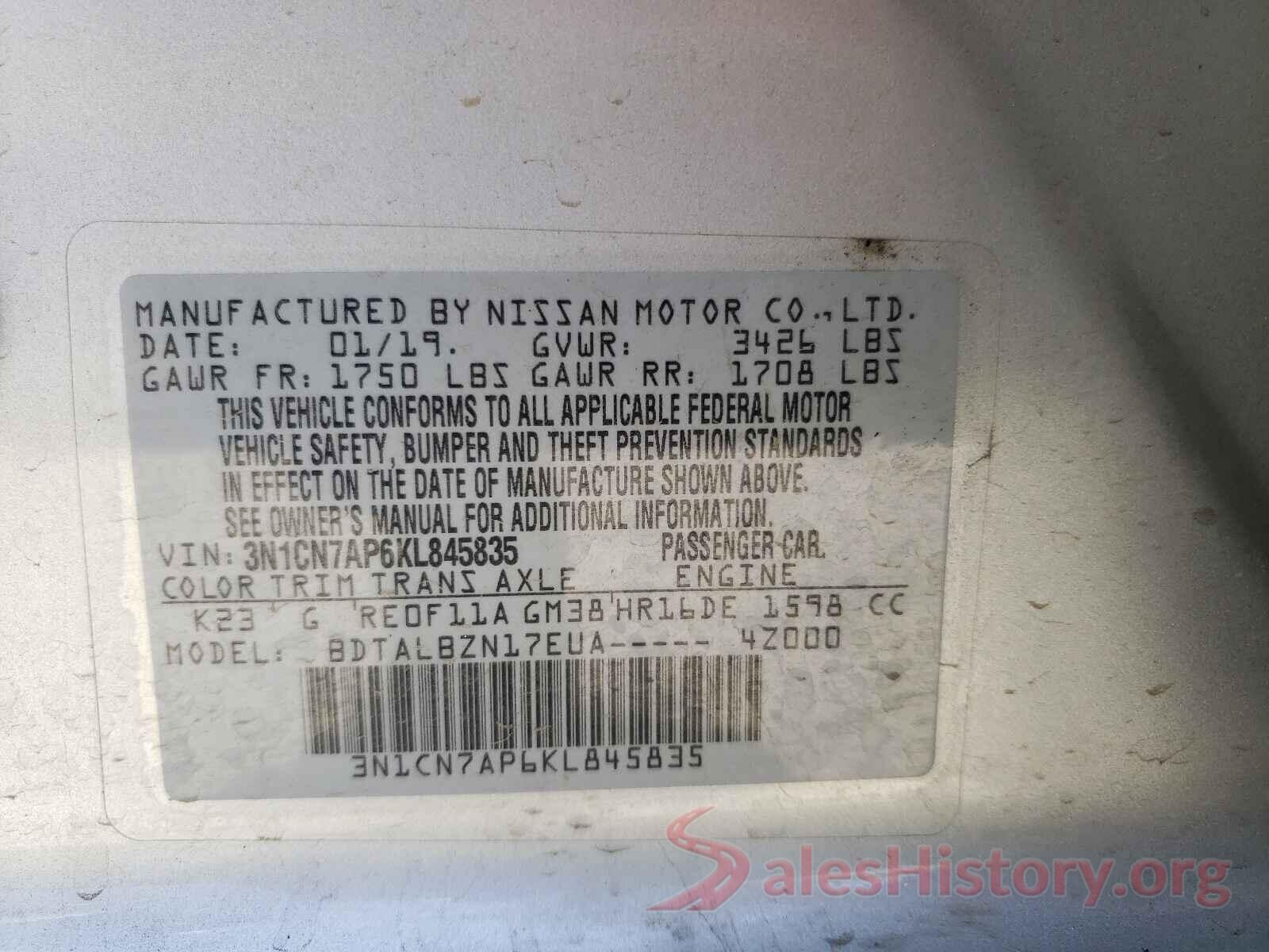 3N1CN7AP6KL845835 2019 NISSAN VERSA