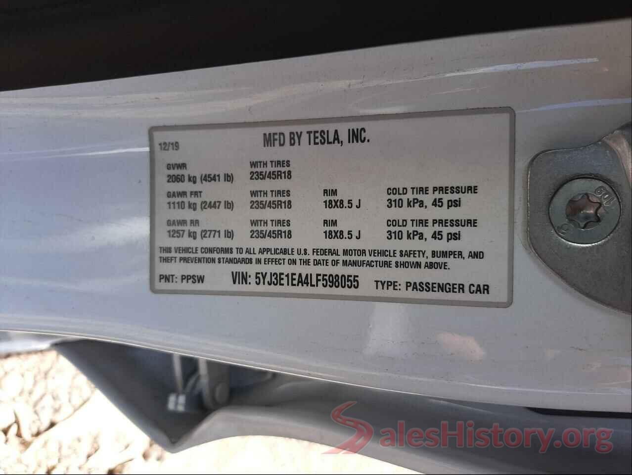 5YJ3E1EA4LF598055 2020 TESLA MODEL 3