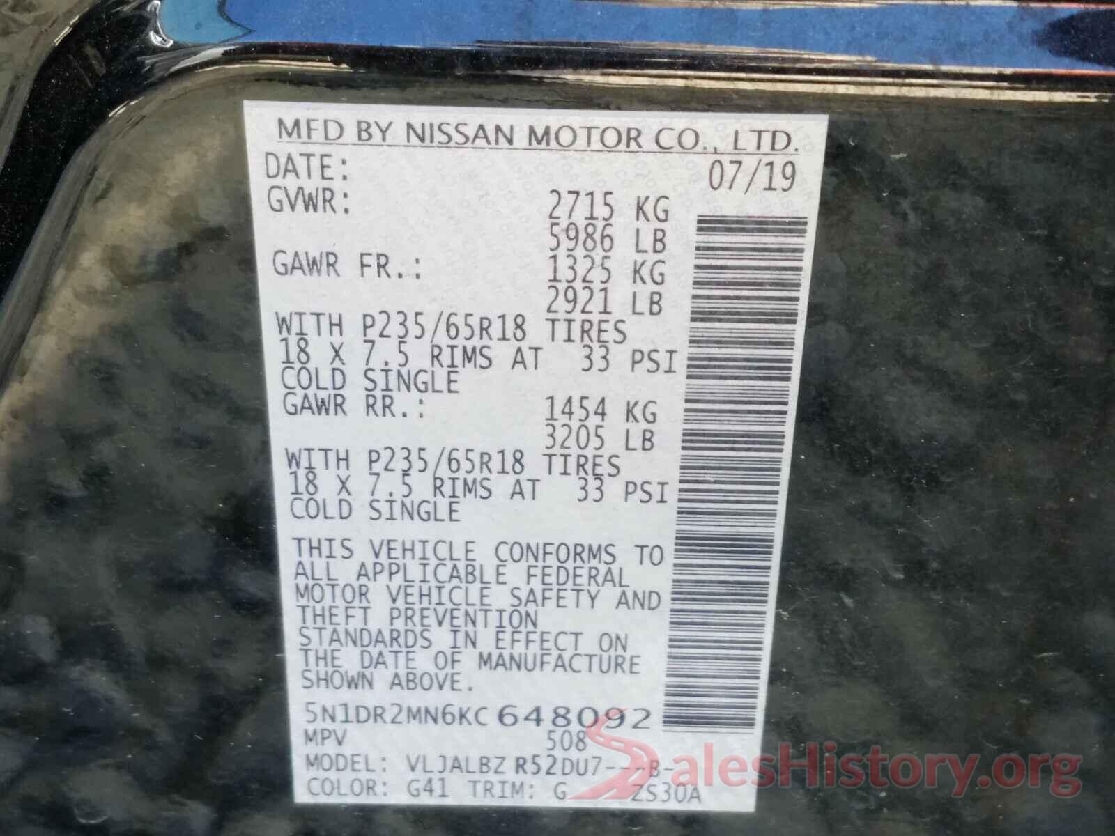 5N1DR2MN6KC648092 2019 NISSAN PATHFINDER