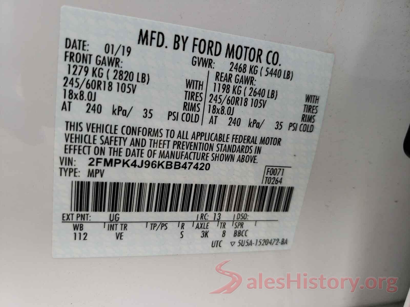 2FMPK4J96KBB47420 2019 FORD EDGE