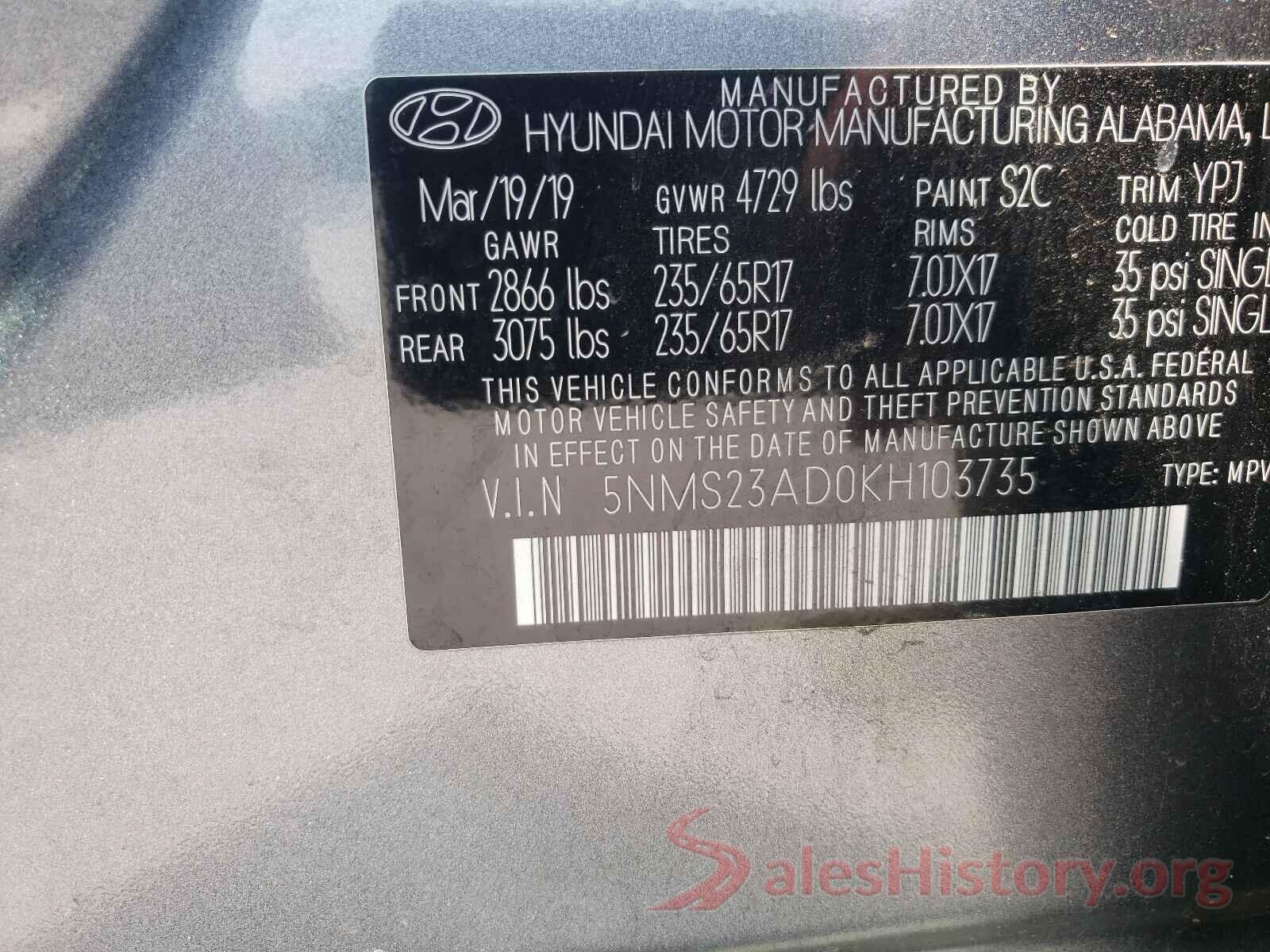 5NMS23AD0KH103735 2019 HYUNDAI SANTA FE