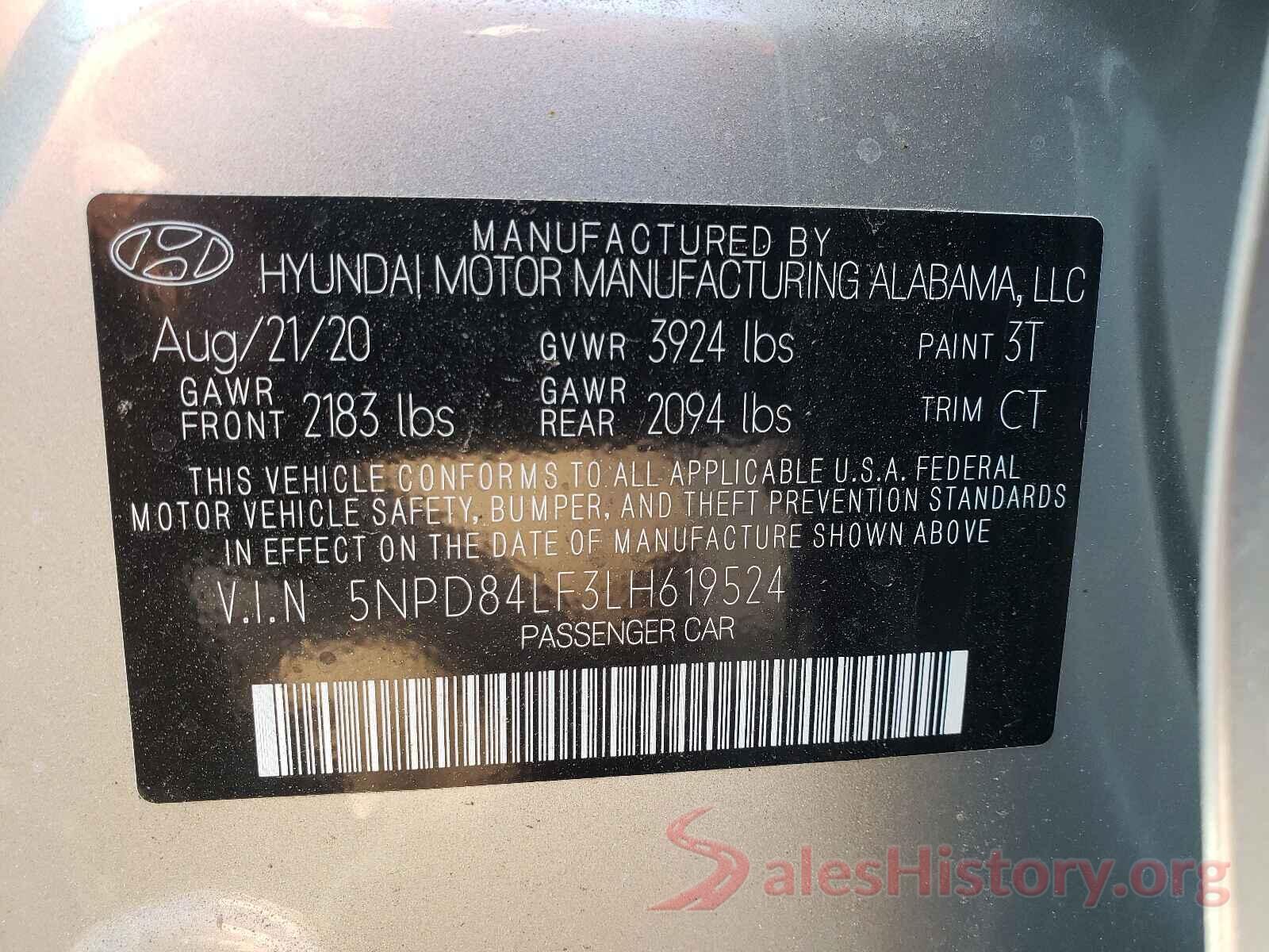 5NPD84LF3LH619524 2020 HYUNDAI ELANTRA