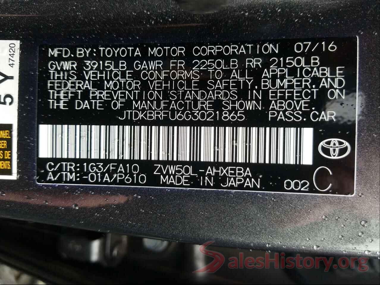 JTDKBRFU6G3021865 2016 TOYOTA PRIUS