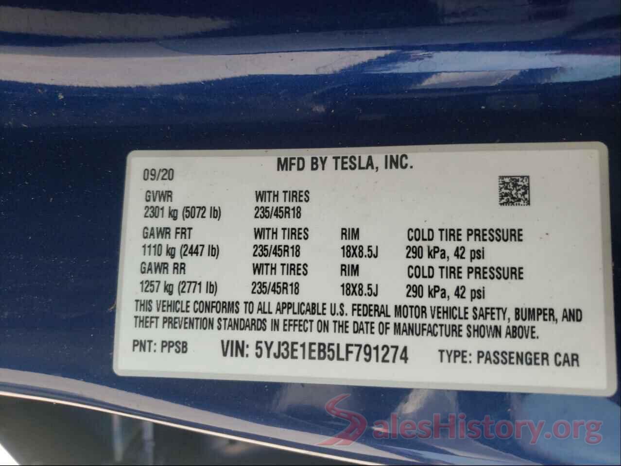 5YJ3E1EB5LF791274 2020 TESLA MODEL 3