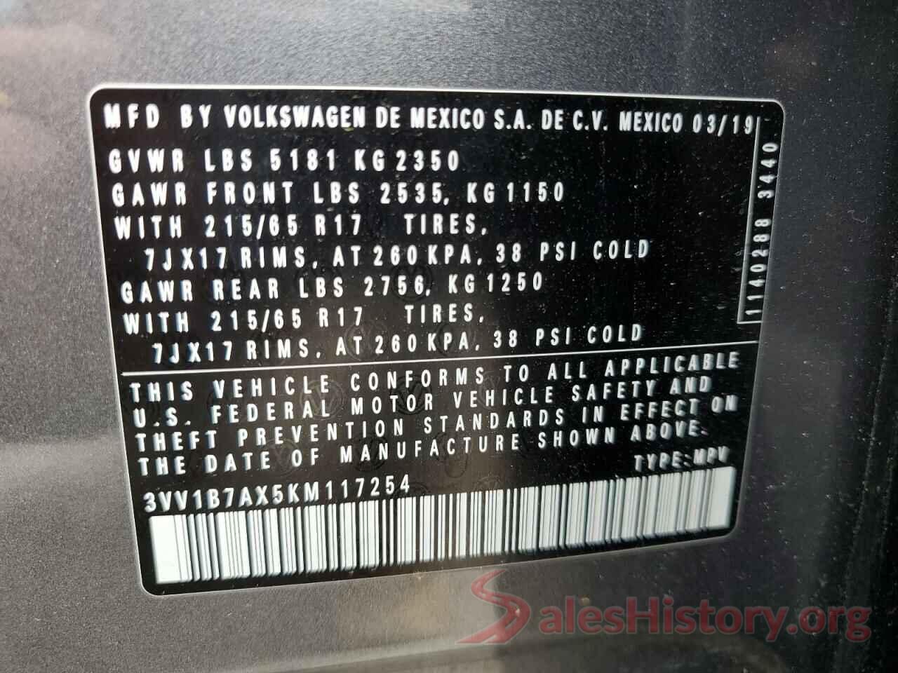 3VV1B7AX5KM117254 2019 VOLKSWAGEN TIGUAN