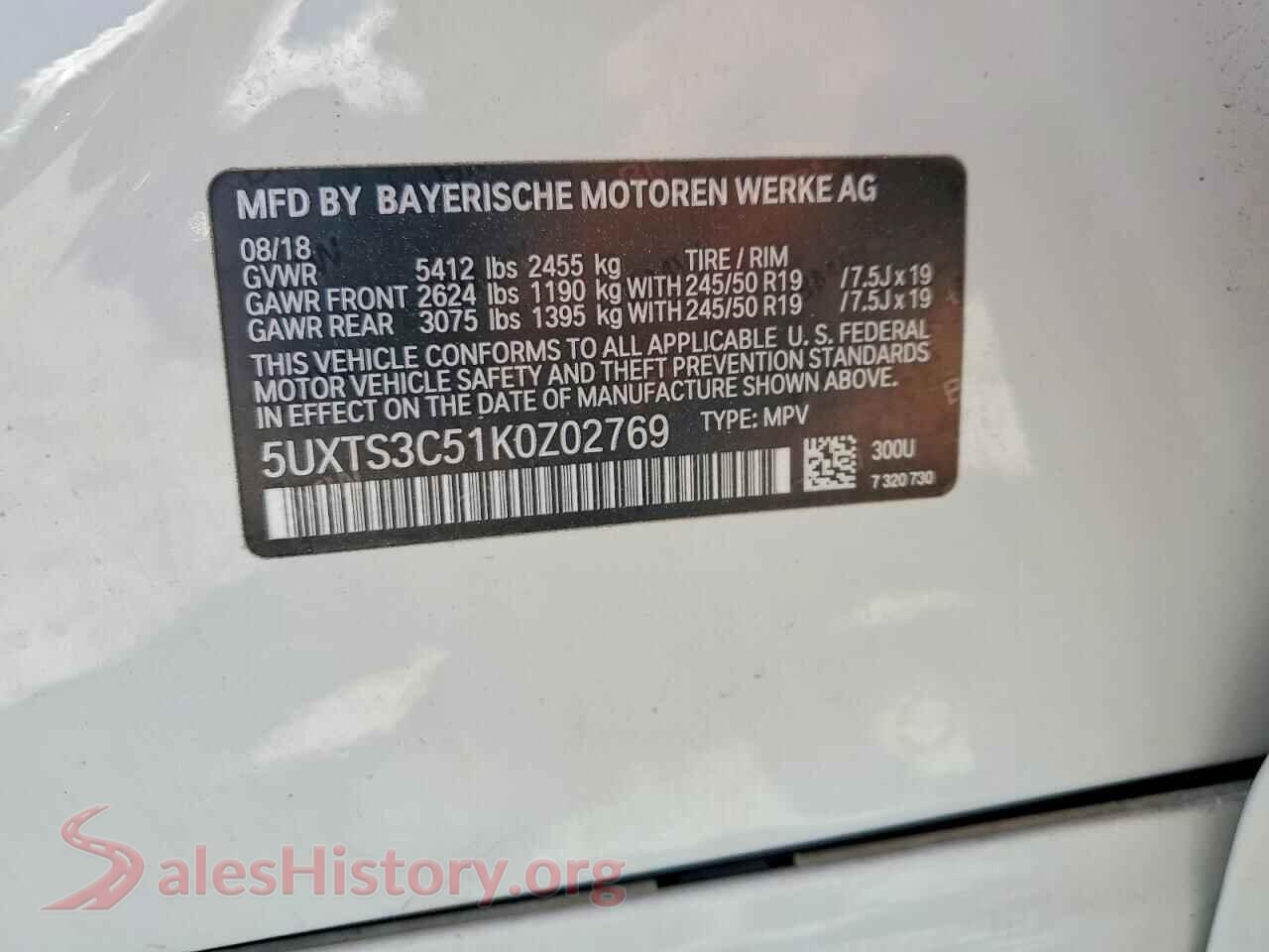 2019 BMW X3 VIN 5UXTS3C51K0Z02769, trunk area
