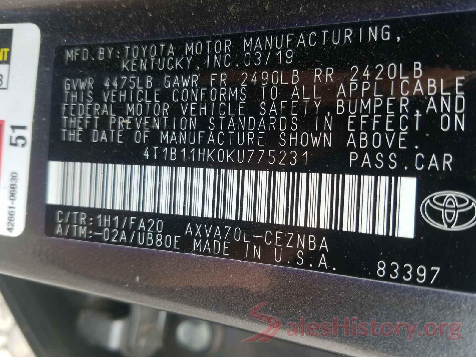 4T1B11HK0KU775231 2019 TOYOTA CAMRY