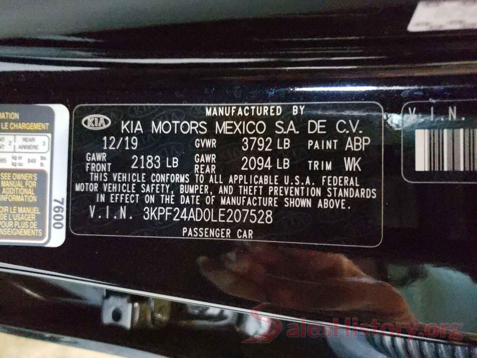 3KPF24AD0LE207528 2020 KIA FORTE