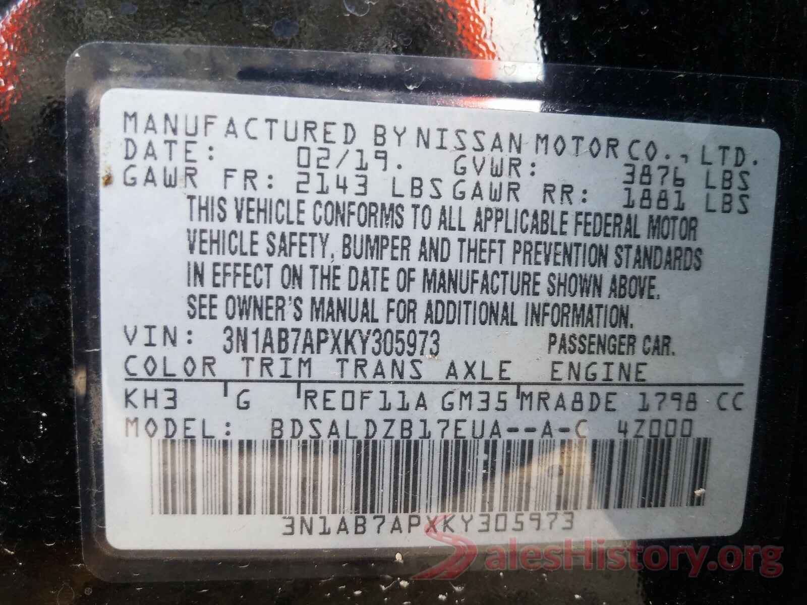 3N1AB7APXKY305973 2019 NISSAN SENTRA