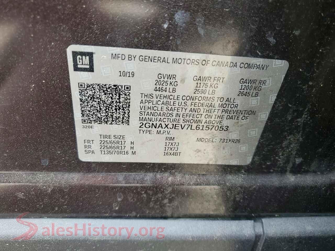 2020 CHEVROLET EQUINOX VIN 2GNAXJEV7L6157053, trunk area