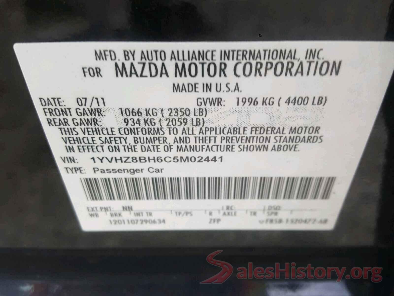 1YVHZ8BH6C5M02441 2012 MAZDA 6