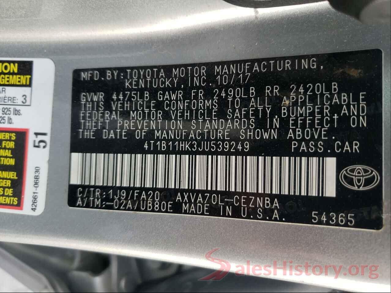 4T1B11HK3JU539249 2018 TOYOTA CAMRY