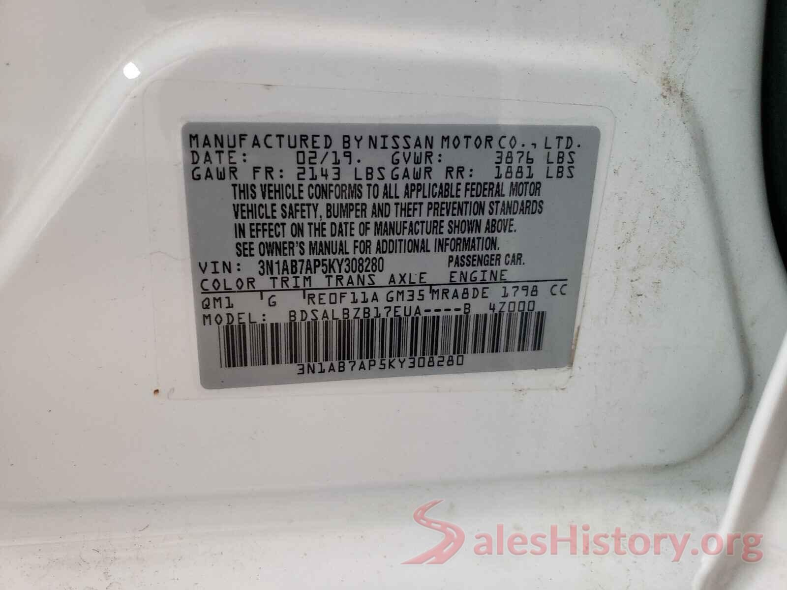 3N1AB7AP5KY308280 2019 NISSAN SENTRA