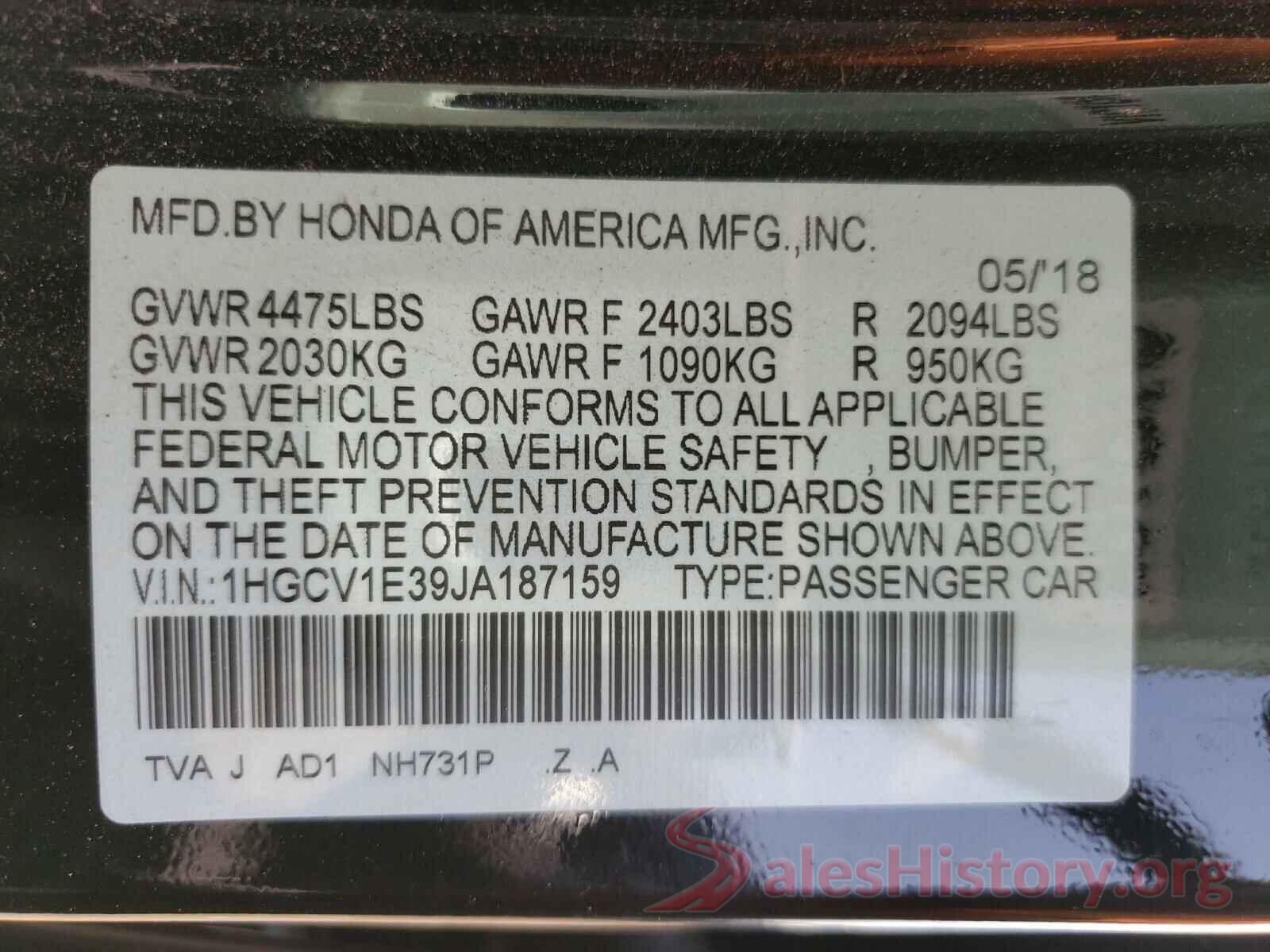 1HGCV1E39JA187159 2018 HONDA ACCORD