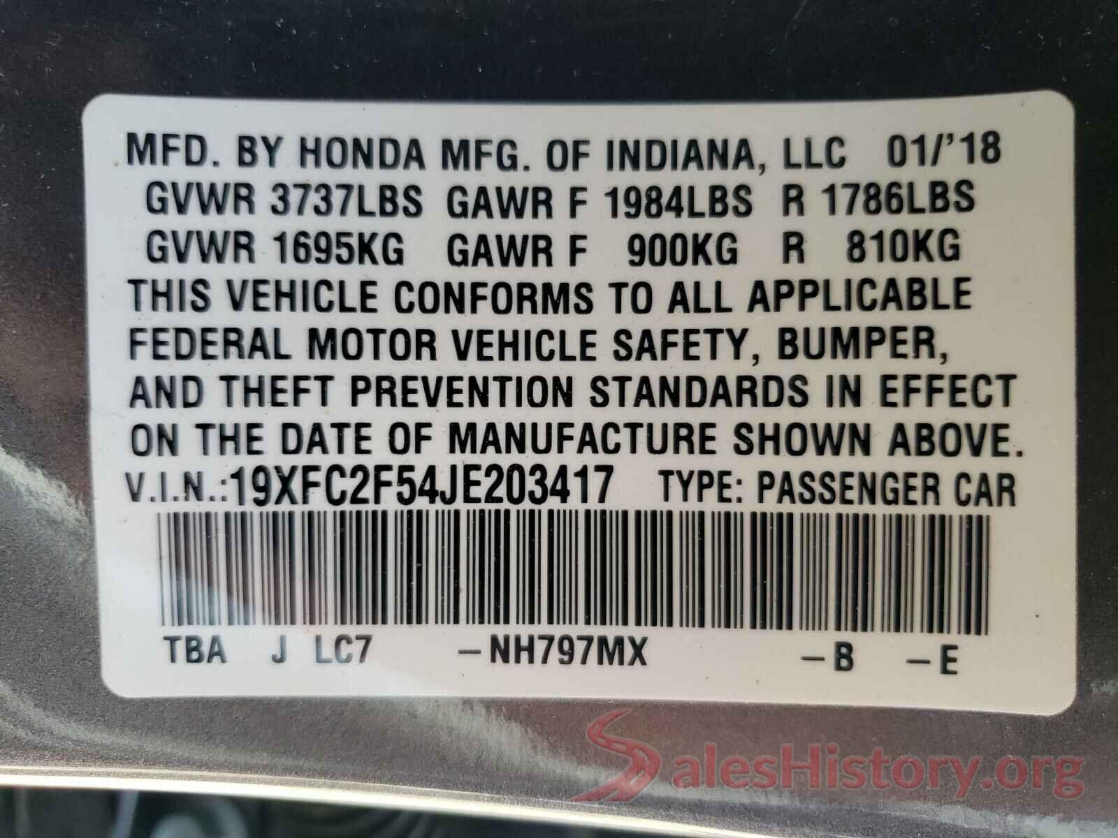 19XFC2F54JE203417 2018 HONDA CIVIC