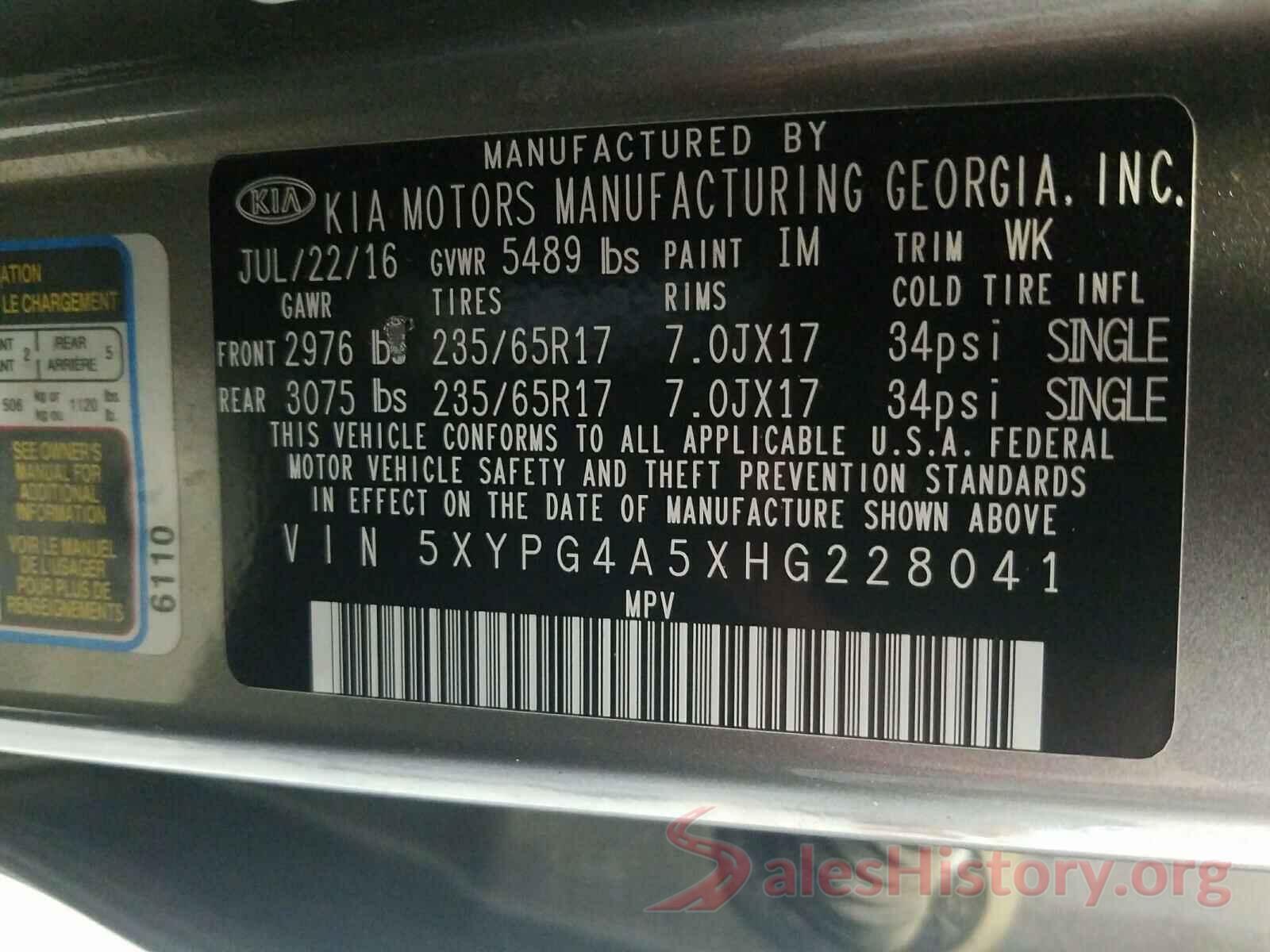 5XYPG4A5XHG228041 2017 KIA SORENTO