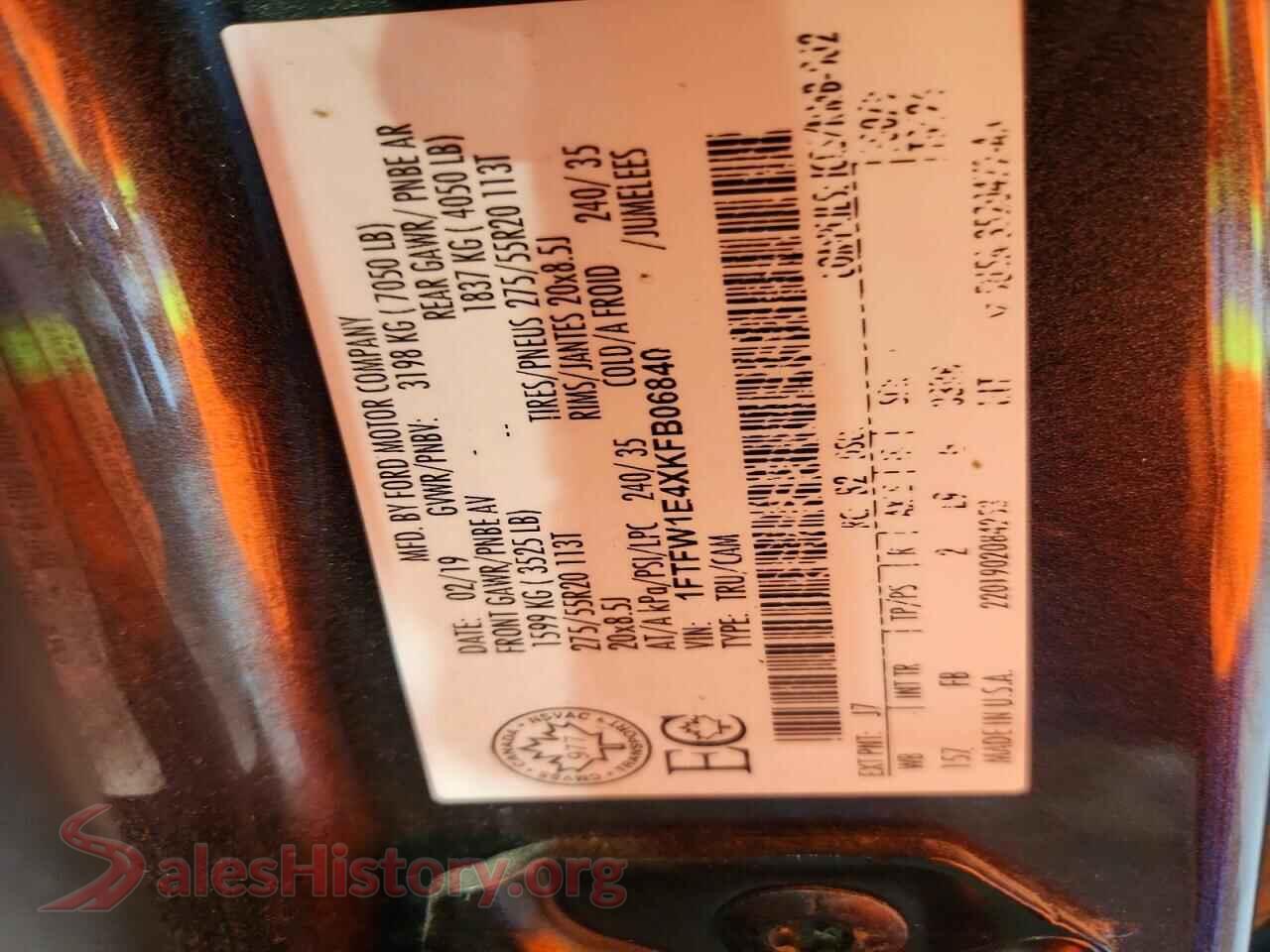 2019 FORD F150 VIN 1FTFW1E4XKFB06840, wheel and tire
