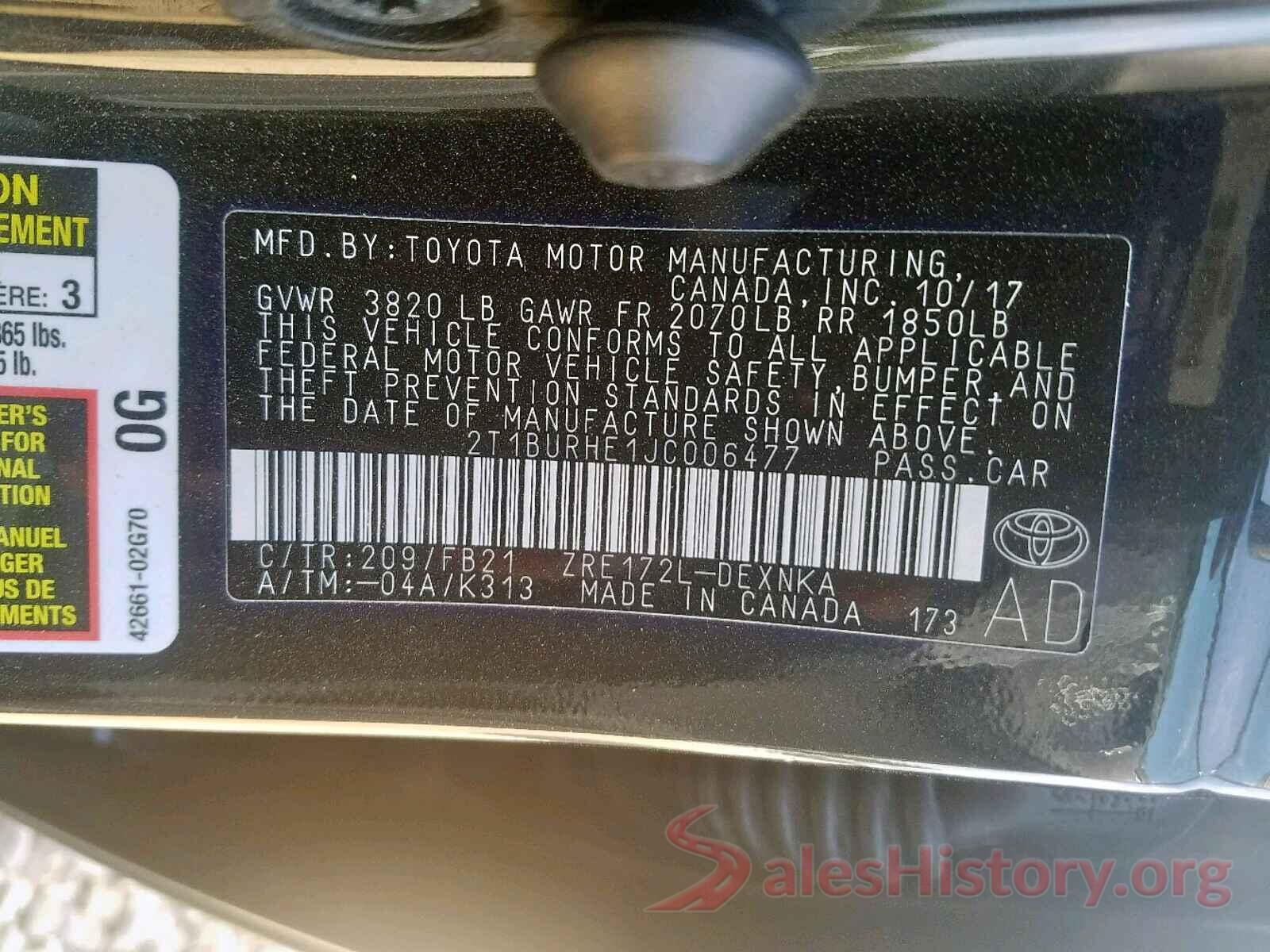 2T1BURHE1JC006477 2018 TOYOTA COROLLA