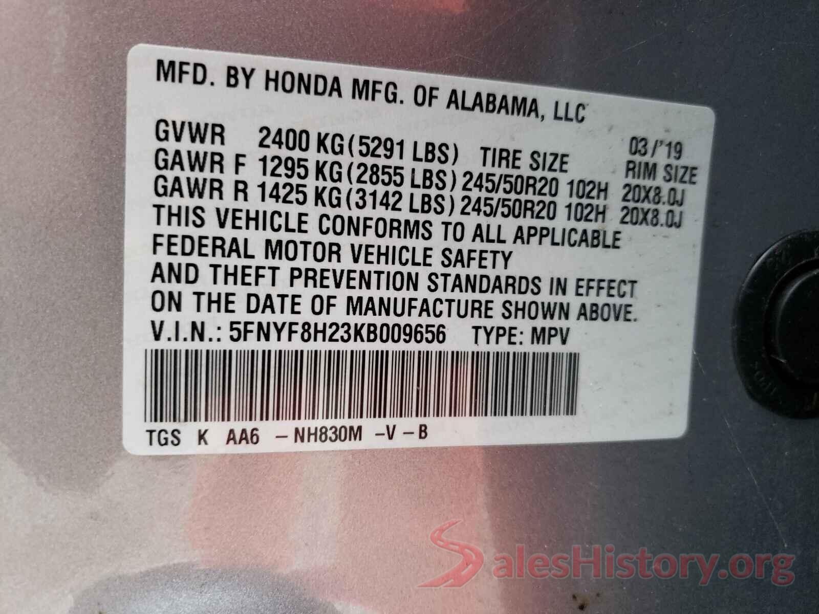 5FNYF8H23KB009656 2019 HONDA PASSPORT